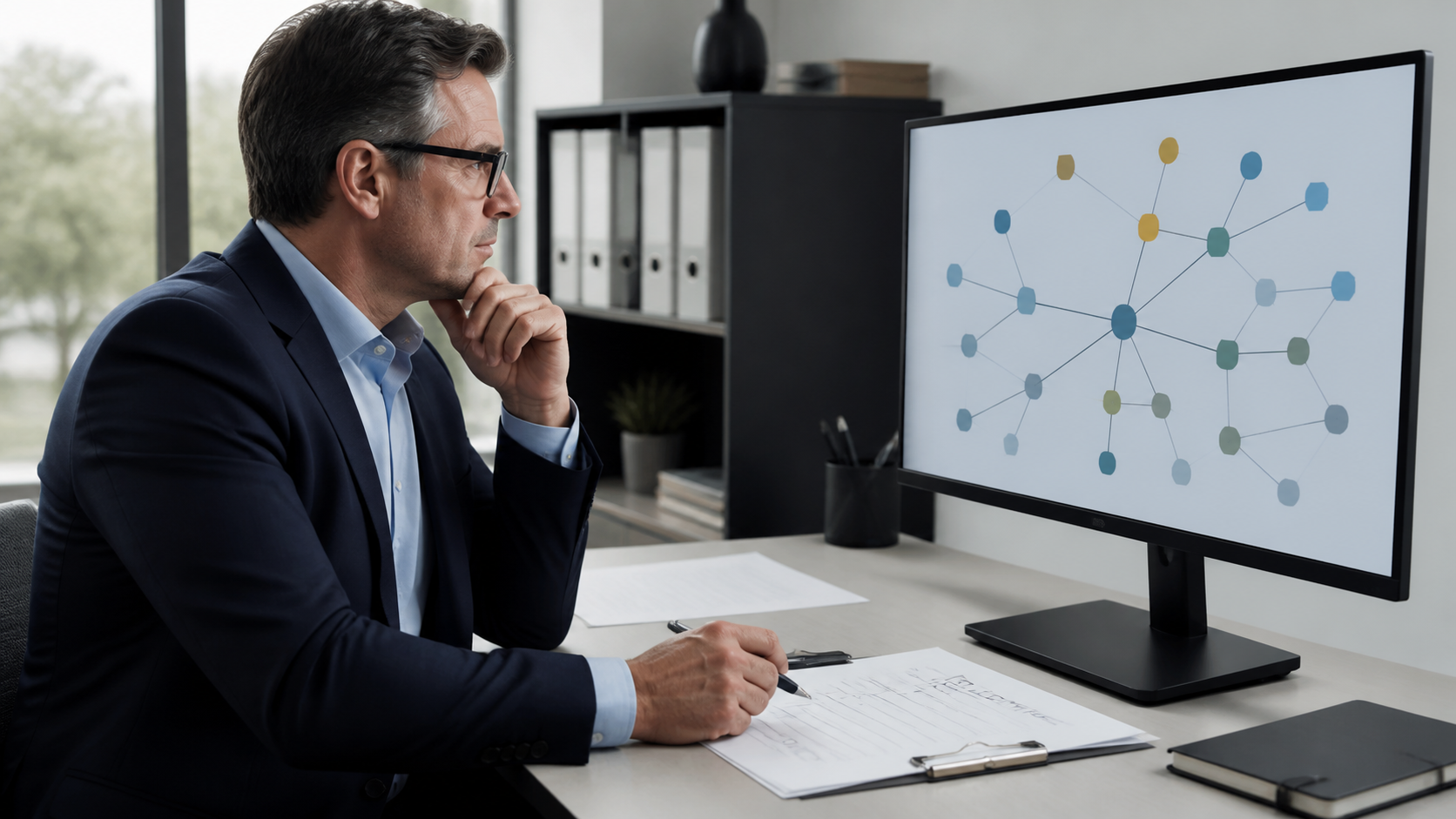 Professional reviewing an access map for internal systems and client environments