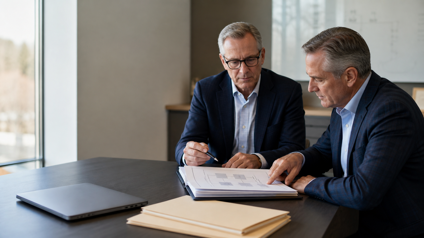 Two professional service owners reviewing a client-access transition plan